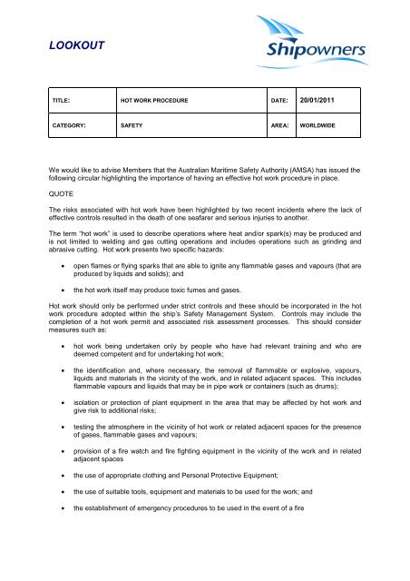 Hot Work Procedure Lookout - Shipowners