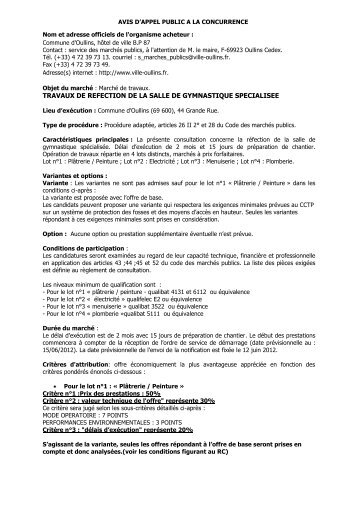 AVIS D'APPEL PUBLIC A LA CONCURRENCE - Ville d'Oullins