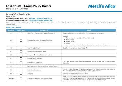 Download a copy of the Checklist - MetLife Alico