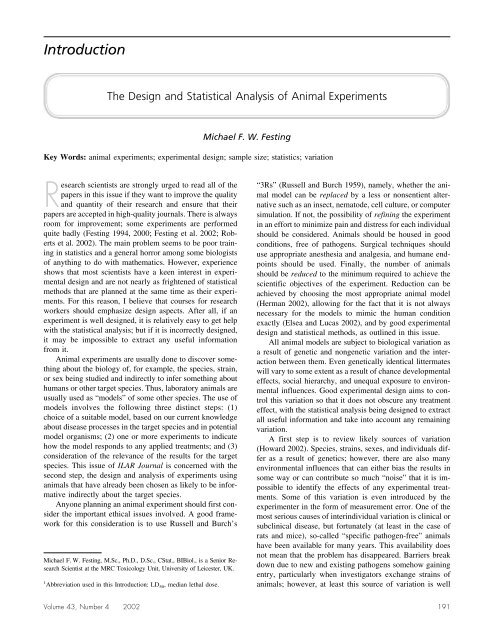 Design and Statistical Analysis of Animal Experiments