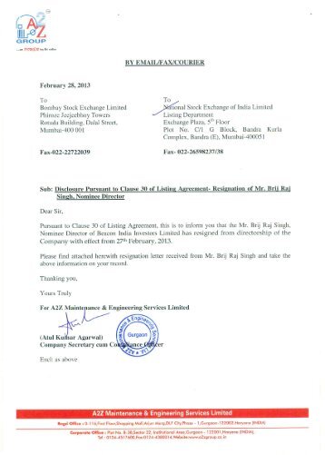Resignation of Mr. Brij Raj Singh, Director - A2Z Group