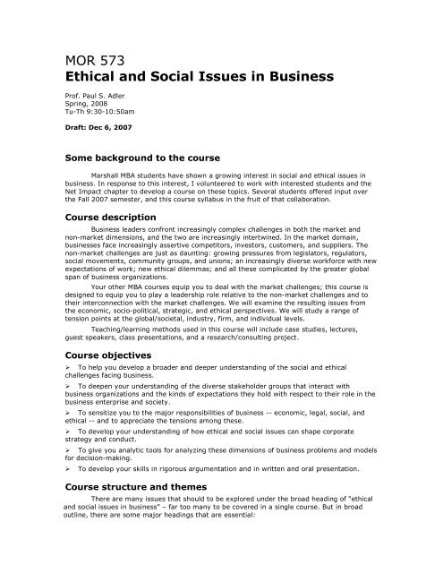 MOR 573 Ethical and Social Issues in Business - USC Marshall