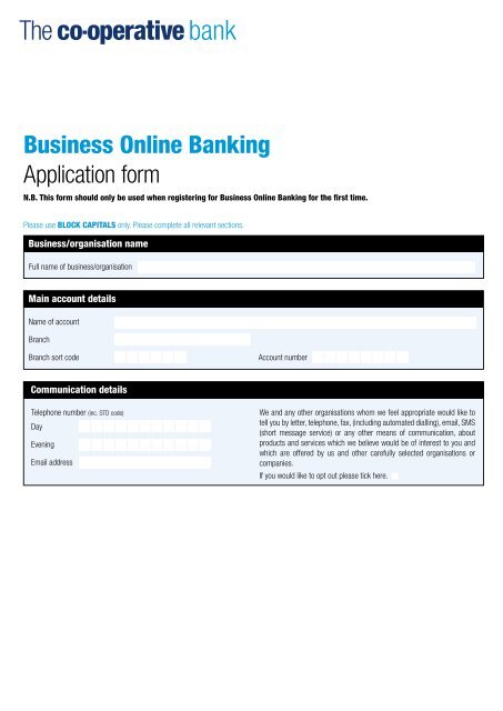 Business Online Banking Application form - The Co-operative Bank