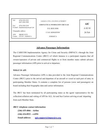 AIC A02-2010 - Advance Passenger Information - Jamaica Civil ...