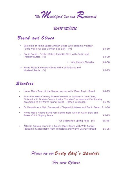 Muddiford Inn Bar Menu - Restaurants in Devon