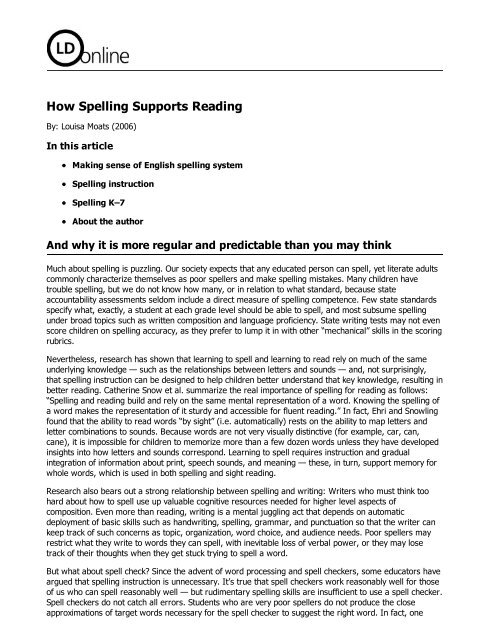How Spelling Supports Reading - Center on Teaching and Learning