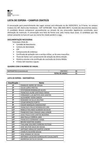 LISTA DE ESPERA â CAMPUS CRATEÃS - IFCE