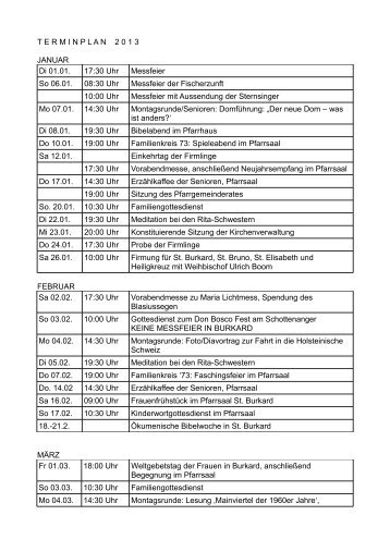 TERMINPLAN 2 0 1 3 JANUAR Di 01.01. 17:30 Uhr Messfeier So ...