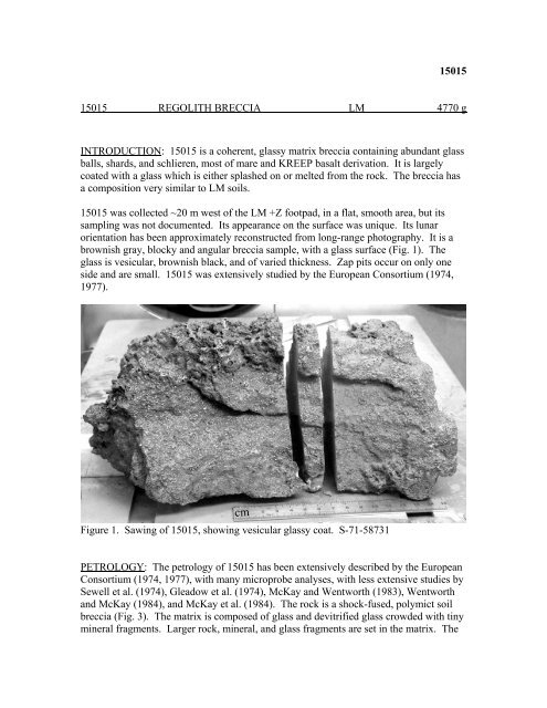 Apollo 15 Lunar Sample Catalog Part 1