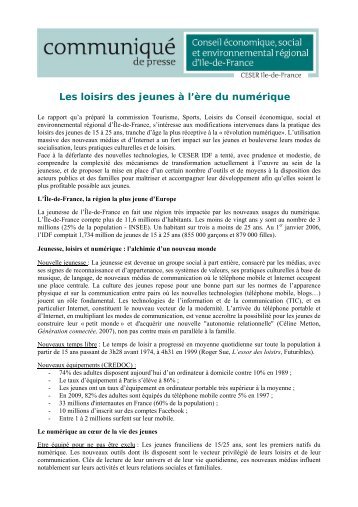 Les loisirs des jeunes Ã  l'Ã¨re du numÃ©rique - CESER Ile-de-France