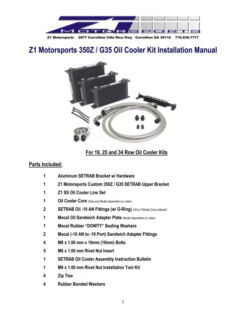 Z1 350Z G35 Oil Cooler Kit Installation Manual - Z1Motorsports.com