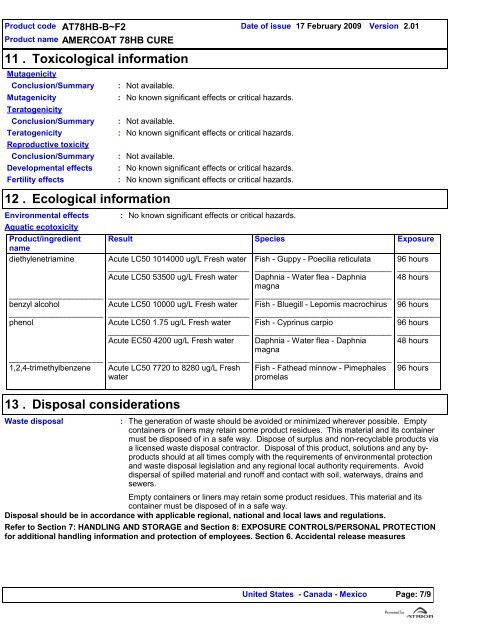 Amercoat 78HB Cure - MSDS - AltaPaints and Coatings