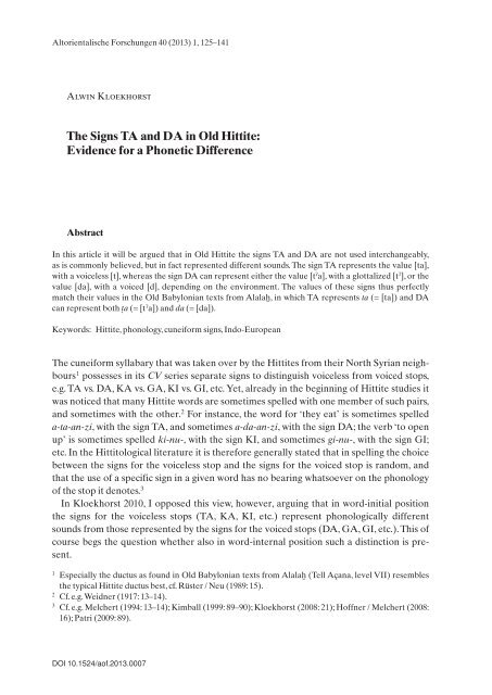 The signs TA and DA in Old Hittite: evidence for a ... - Alwin Kloekhorst