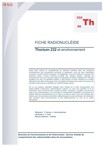 FICHE RADIONUCLÉIDE Thorium 232 et environnement - IRSN