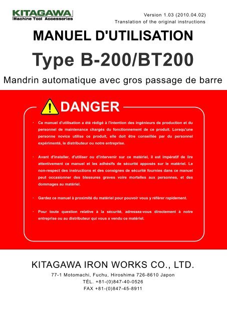 MANUEL D'UTILISATION Type B-200/BT200 - Kitagawa Europe