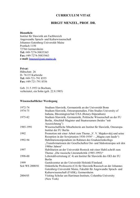 curriculum vitae birgit menzel, prof. dr. - Fachbereich Translations ...