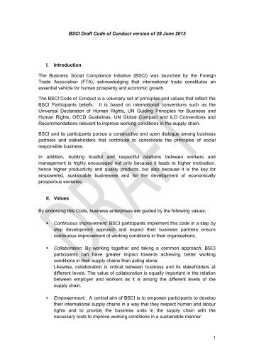 BSCI Draft Code of Conduct version of 28 June 2013 I. Introduction ...