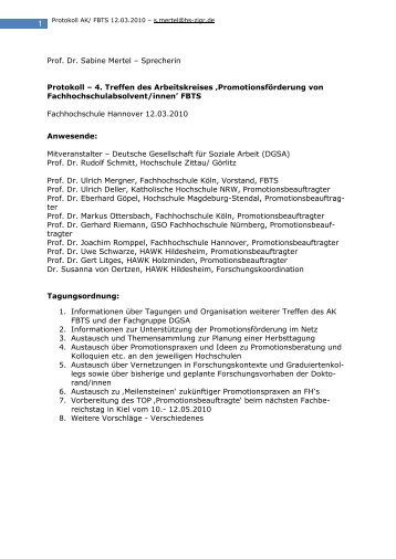 Prof. Dr. Sabine Mertel – Sprecherin Protokoll – 4. Treffen des - FBTS