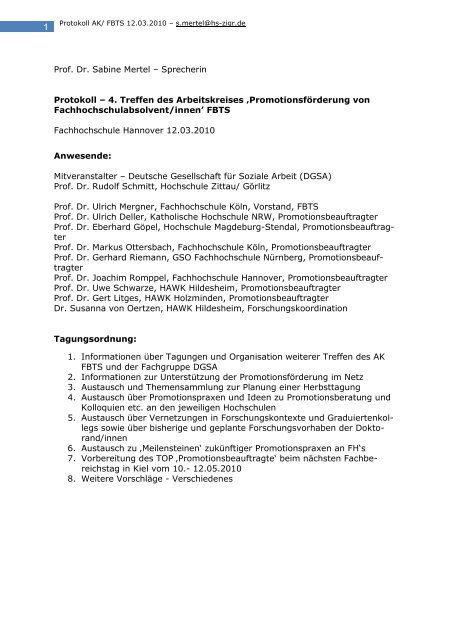 Prof. Dr. Sabine Mertel – Sprecherin Protokoll – 4. Treffen des - FBTS