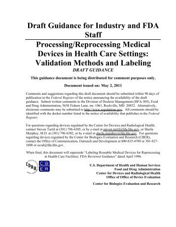 Draft Guidance for Industry and FDA Staff Processing/Reprocessing ...