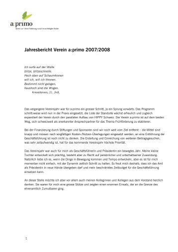 Jahresbericht Verein a:primo 2007/2008