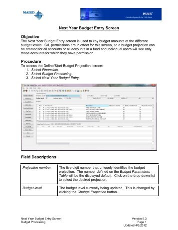 Next Year Budget Entry Screen Objective Procedure Field ...