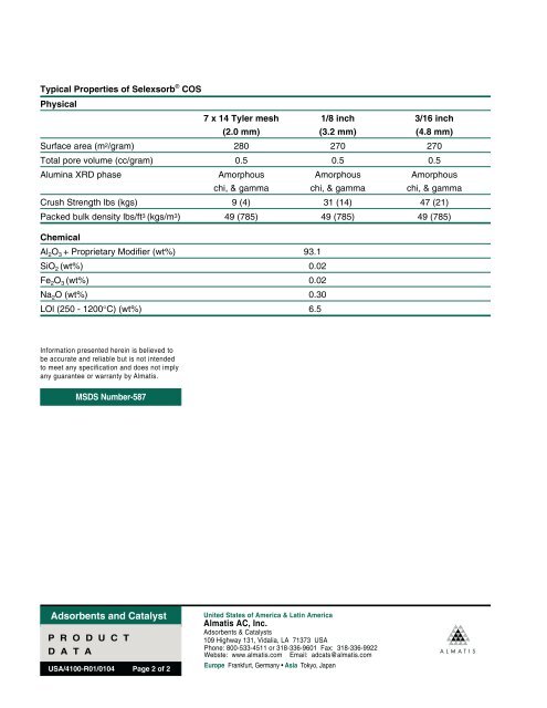 Selexsorb COS Data Sheet - PSB Industries Inc.