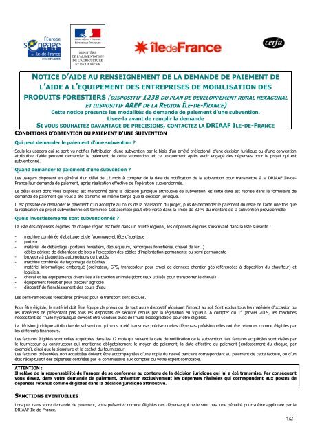 Notice formulaire demande paiement - DRIAAF Ile-de-France