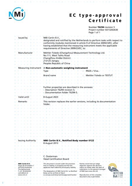 Ec type approval certificate mettler toledo