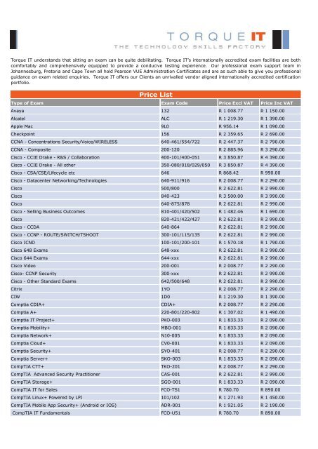 Exam Price List Torque It