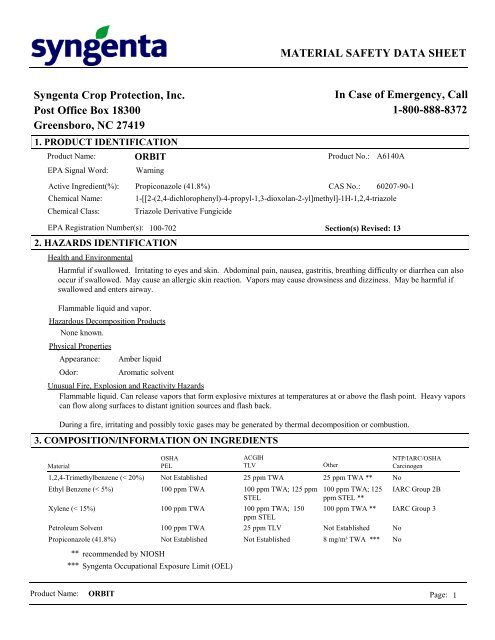 MATERIAL SAFETY DATA SHEET Syngenta Crop Protection, Inc ...