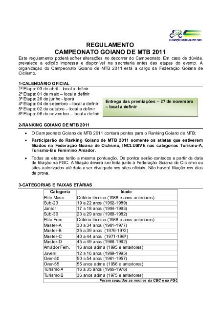 REGULAMENTO CAMPEONATO GOIANO DE MTB 2011 - Sistime