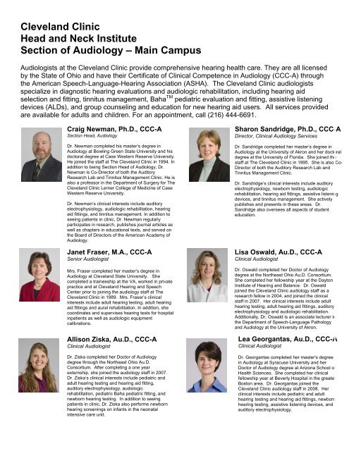 Cleveland Clinic Head and Neck Institute Section of Audiology ...