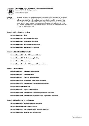 Curriculum Map: Advanced Placement Calculus AB