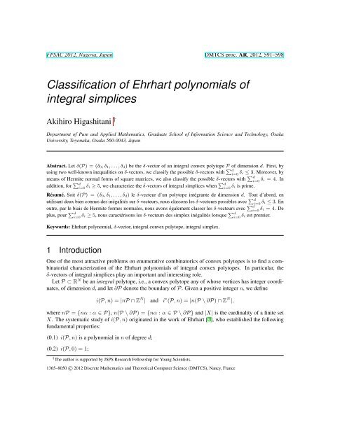 Classification of Ehrhart polynomials of integral simplices - Nagoya ...