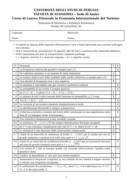Fac-simile esame 1 - Dipartimento di Statistica - UniversitÃ  degli ...