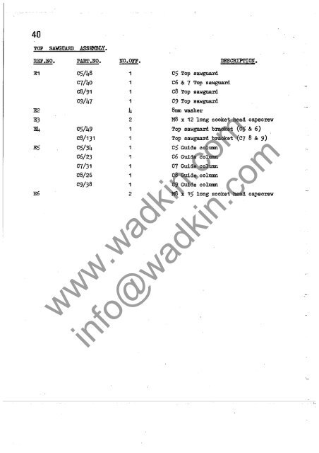 Wadkin C5 C6 C7 C8 C9 Bandsaw Manual and Parts List