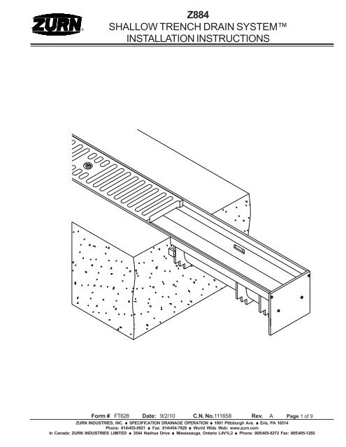 z884 shallow trench drain systemâ¢ installation instructions - Zurn