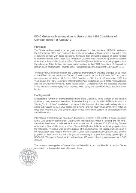 FIDIC Guidance Memorandum to Users of the 1999 Conditions of ...