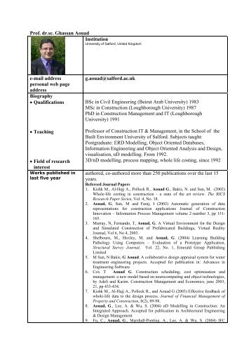 Prof. dr.sc. Ghassan Aouad Institution e-mail address personal web ...