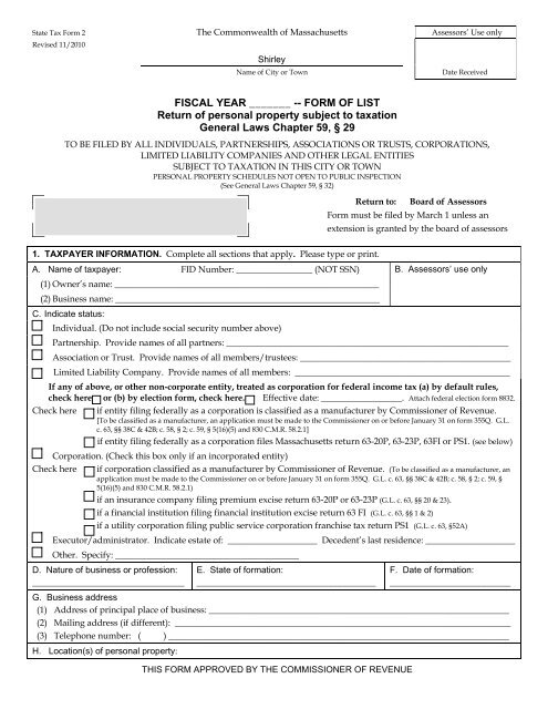 Personal Property Form of List - Shirley, MA