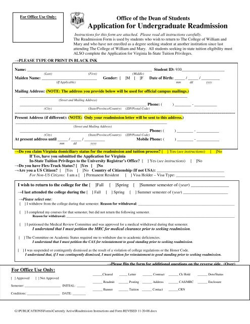 Readmission Form - College of William and Mary