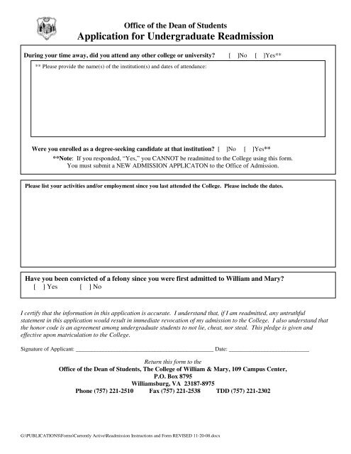 Readmission Form - College of William and Mary