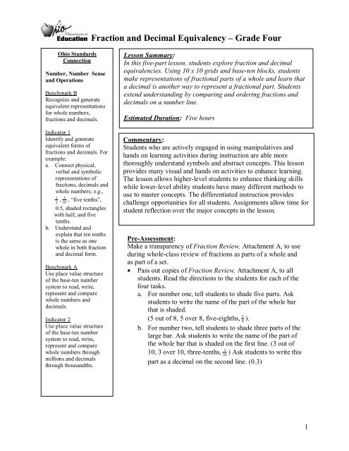 Fraction and Decimal Equivalency - ODE - Ohio Department of ...