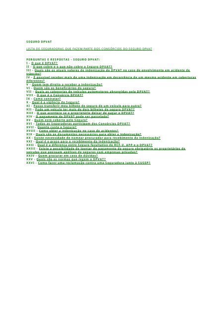 SEGURO DPVAT LISTA DE SEGURADORAS QUE FAZEM ... - Susep
