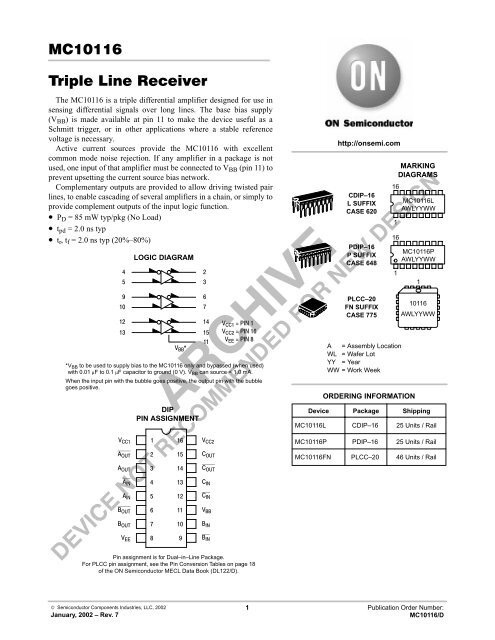 MC10116 Triple Line Receiver - ON Semiconductor