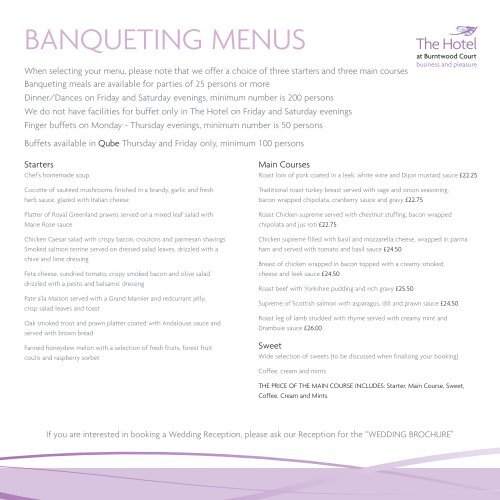 Banqueting Menus Burntwood Court Hotel and Spa