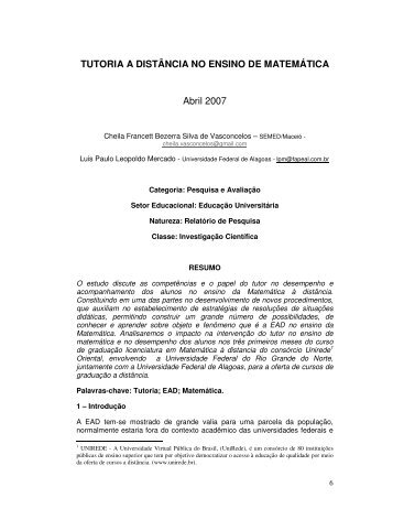 TUTORIA A DISTÃNCIA NO ENSINO DE MATEMÃTICA Abril ... - Abed