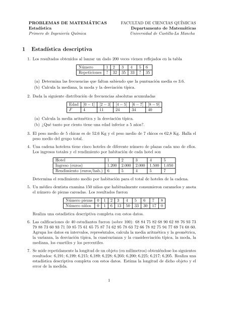 1 EstadÂ´Ä±stica descriptiva - Departamento de MatemÃ¡ticas