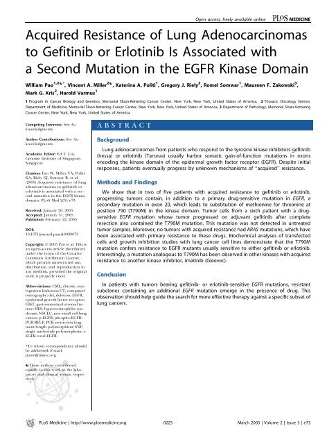 Acquired Resistance of Lung Adenocarcinomas to ... - Science Stage